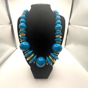 Vintage Turquoise Blue Beaded Statement Necklace Large Beads Gold Tone Spacers